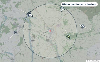 Mapa okolic miasta z sylwetkami samolotów — Niebo nad Inowrocławiem na żywo