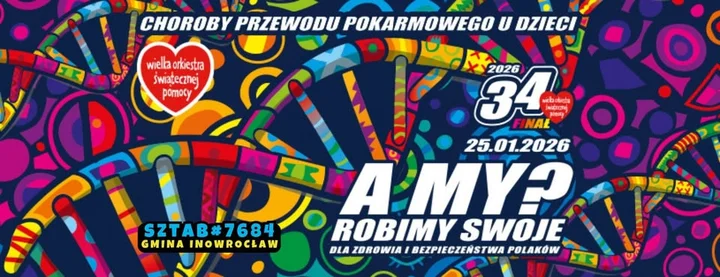 Grafika promocyjna wydarzenia 34. Finał WOŚP w Gminie Inowrocław — Gramy na zdrowie