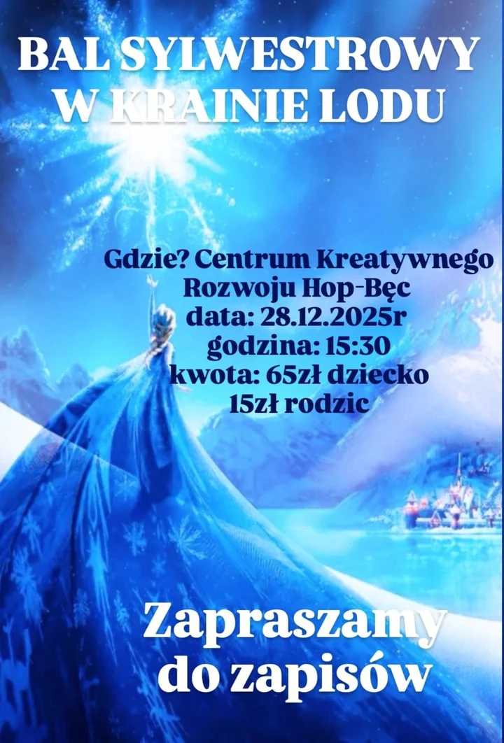 Grafika promocyjna wydarzenia Bal sylwestrowy w Krainie Lodu — zabawa dla dzieci z Elsą i Anną