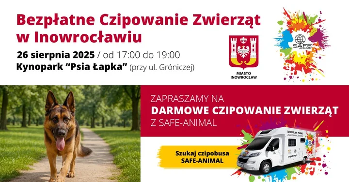 Obrazek przedstawia grafikę promocyjną wydarzenia Bezpłatne czipowanie psów i kotów w Kynoparku „Psia Łapka”