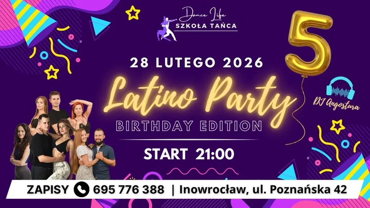 Grafika promocyjna wydarzenia BIRTHDAY latino party — 5. urodziny Szkoły Tańca DANCE LIFE