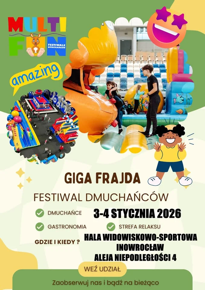 Grafika promocyjna wydarzenia GIGA FRAJDA w Inowrocławiu — dmuchane atrakcje dla dzieci
