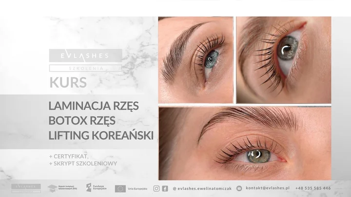 Grafika promocyjna wydarzenia Kurs laminacji rzęs i liftingu koreańskiego — EVLashes (Toruń)