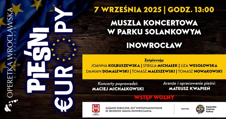 Obrazek przedstawia grafikę promocyjną wydarzenia Koncert „Pieśni Europy” w Muszli Koncertowej w Parku Solankowym