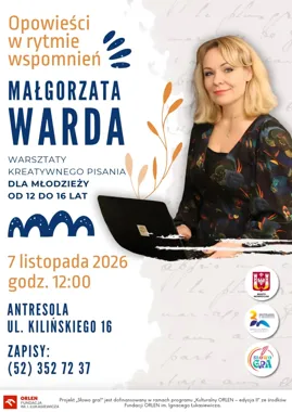 Grafika promocyjna wydarzenia Opowieści w rytmie wspomnień – warsztaty kreatywnego pisania z Małgorzatą Wardą