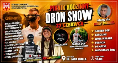 Grafika promocyjna wydarzenia Piknik Rodzinny DronShow Inowrocław 2026 – drony, robot Edward i rodzinne atrakcje