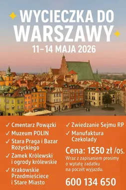 Grafika promocyjna wydarzenia Wycieczka do Warszawy — majowy wyjazd dla seniorów