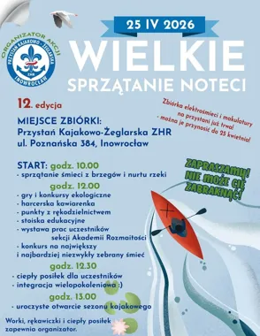 Grafika promocyjna wydarzenia XII. Wielkie Sprzątania Noteci — wspólne sprzątanie rzeki i otwarcie sezonu kajakowego