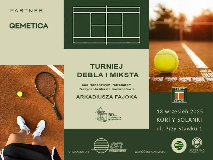 Obrazek przedstawia grafikę promocyjną wydarzenia Turniej deblowy i mikstowy z okazji 150-lecia Uzdrowiska Inowrocław