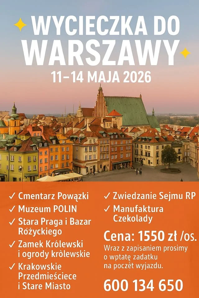 Grafika promocyjna wydarzenia Wycieczka do Warszawy — majowy wyjazd dla seniorów